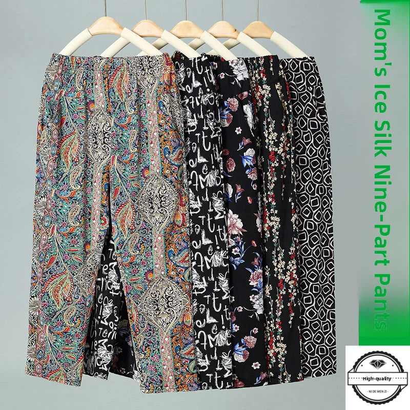 Pantalon d'été fin en soie glacée, coupe droite ample, taille haute, motif floral, pour maman et grand-mère, confortable et décontracté