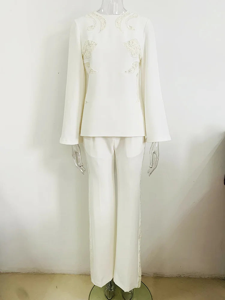 Ensemble de costume de créateur HIGH STREET, nouveauté 2026, pour femme, avec haut à manches évasées et pantalon, orné de dentelle et de patchwork brodé