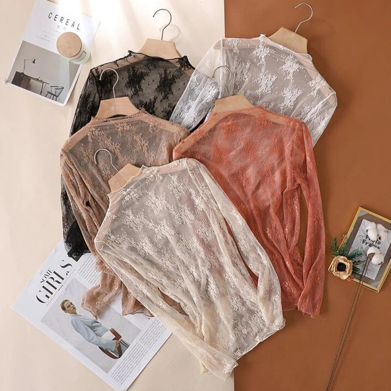 T-Shirts en maille pour femmes, chemisier en dentelle transparente, manches longues, hauts transparents pour femmes, chemise à bascule, T-Shirts transparents, haut court
