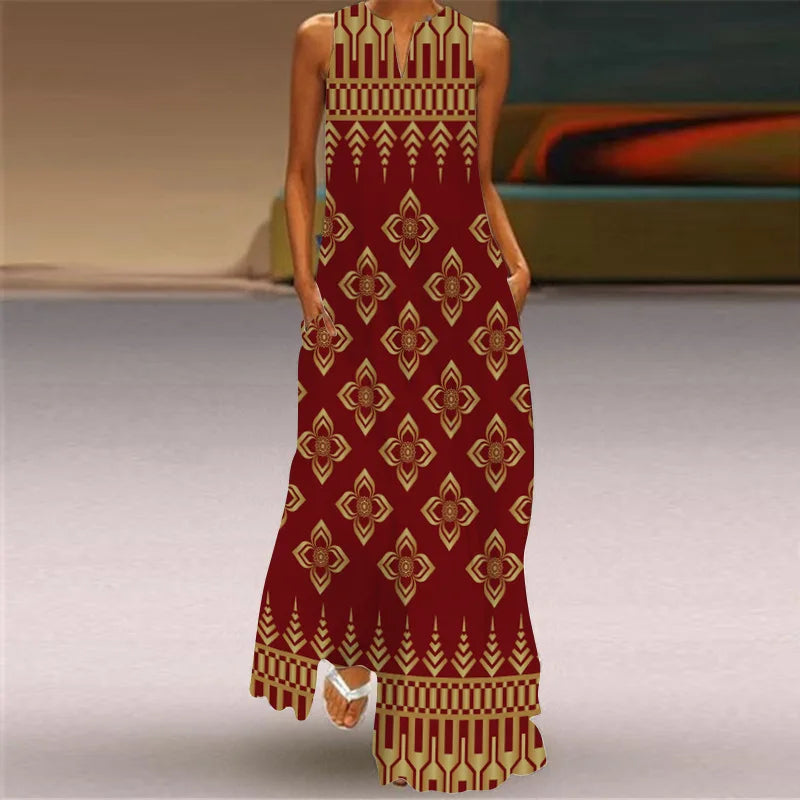 Robe maxi imprimée vintage pour femmes, robes d'été en fibre longue, col en V élégant, poche Boho, robe d'été de plage, robe éducative