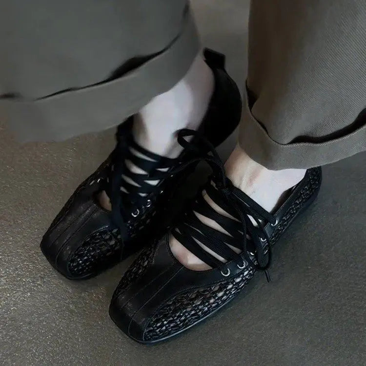 Chaussures de ballet plates pour femmes, chaussures décontractées de créateur, chaussures de sport à bout carré en maille, baskets tendance à lacets, confortables pour femme
