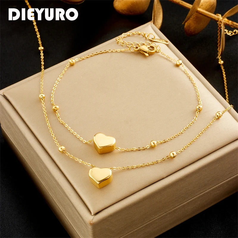 DIEYURO 316L acier inoxydable couleur or coeur amour chaîne collier Bracelets pour femme fille nouvelle mode ne se décolore pas ensemble de bijoux