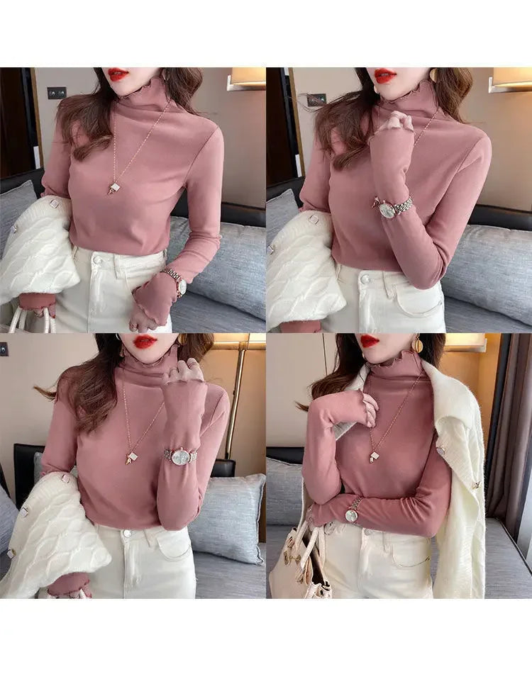 Femme t-shirts femme col roulé à manches longues T-Shirt automne hiver à volants Mujer Camisetas col mi-haut Plus hauts polaires