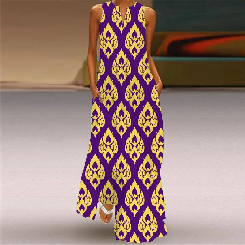 Robe maxi imprimée vintage pour femmes, robes d'été en fibre longue, col en V élégant, poche Boho, robe d'été de plage, robe éducative