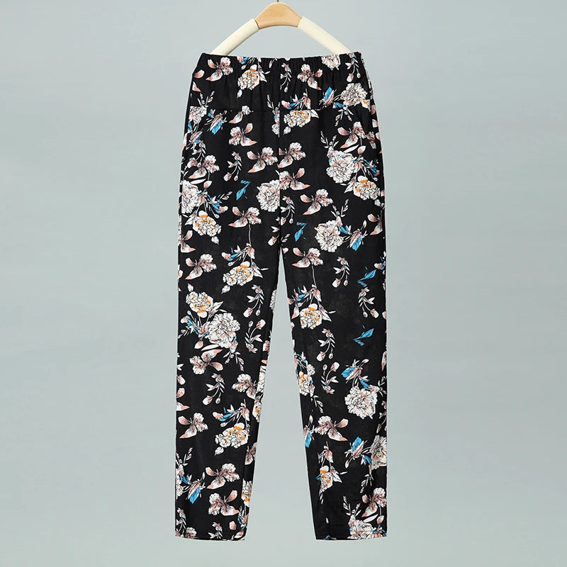 Pantalon d'été fin en soie glacée, coupe droite ample, taille haute, motif floral, pour maman et grand-mère, confortable et décontracté