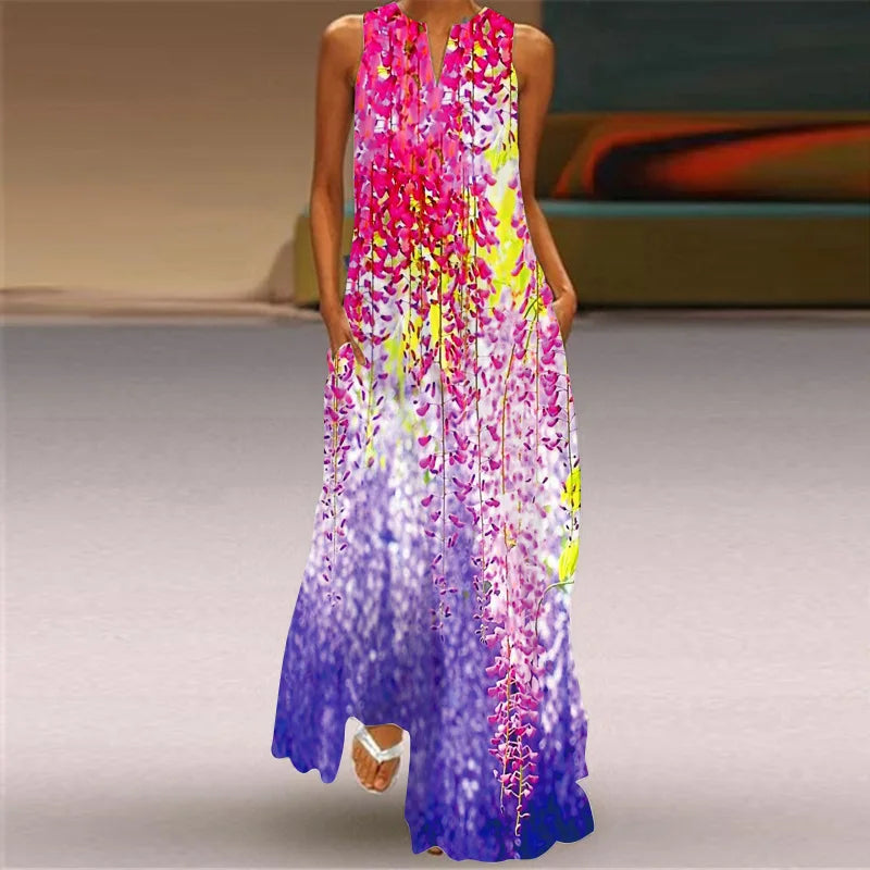 Robe maxi imprimée vintage pour femmes, robes d'été en fibre longue, col en V élégant, poche Boho, robe d'été de plage, robe éducative