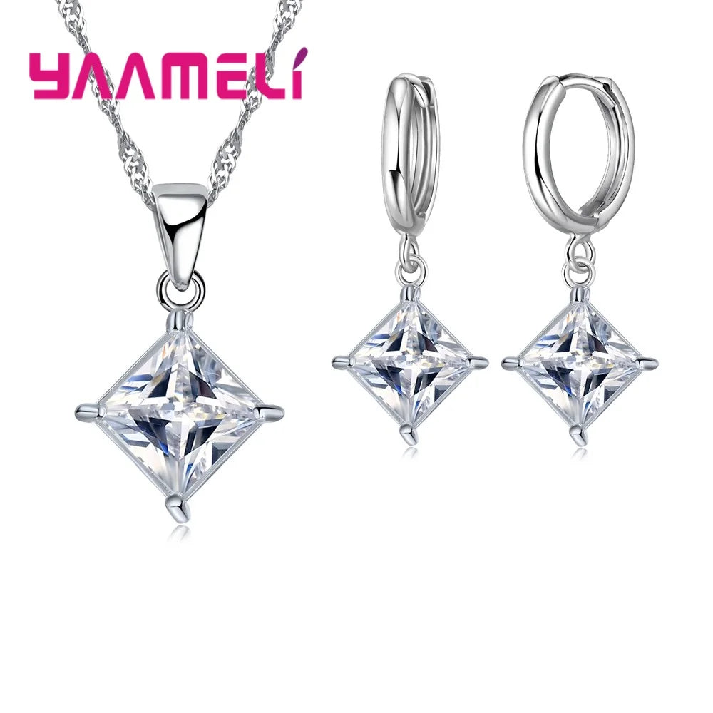 Nouvelle grande Promotion 925 en argent Sterling brillant carré Zircons pendentif collier et boucles d'oreilles ensembles de bijoux pour la vente en gros
