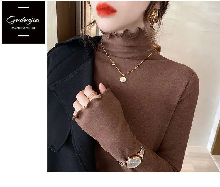 Femme t-shirts femme col roulé à manches longues T-Shirt automne hiver à volants Mujer Camisetas col mi-haut Plus hauts polaires