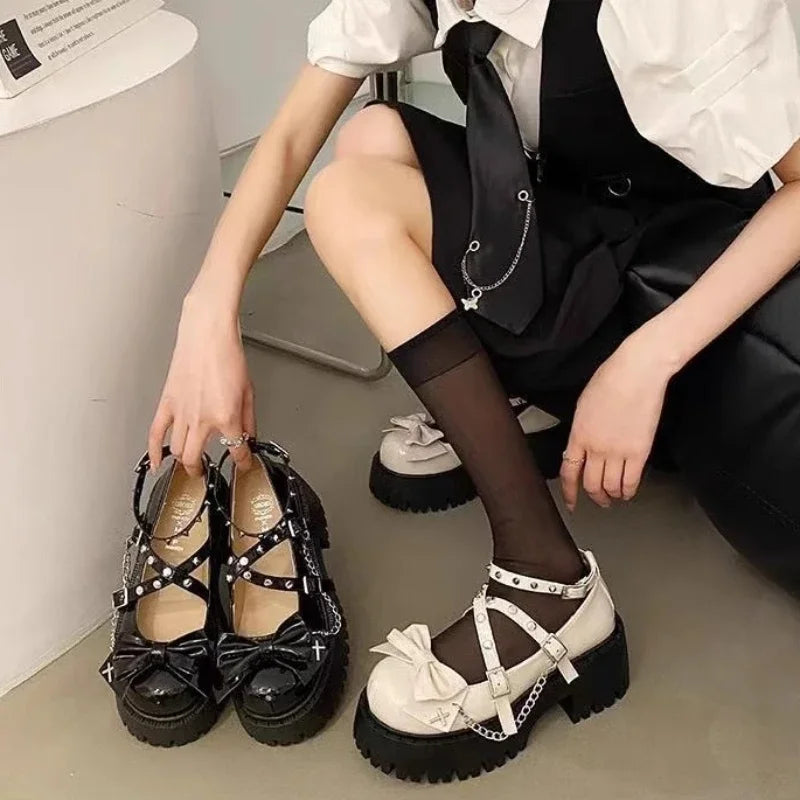 2025 nouvelles Chaussures pour femmes lanières de cheville femmes pompes plate-forme femmes arcs en cuir Mary Jane Punk gothique talon épais Chaussures Femme