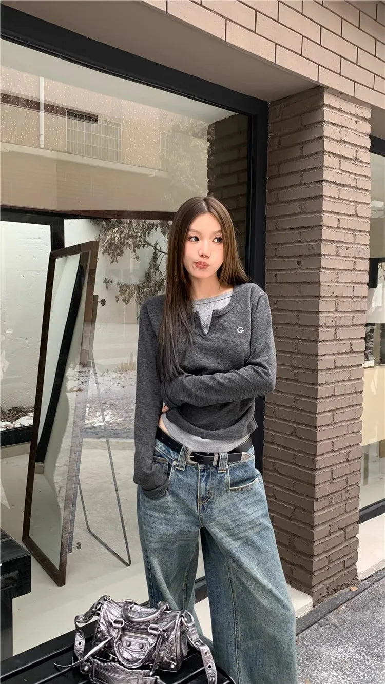 T-shirt femme faux deux pièces T-shirt à manches longues pour l'automne et l'hiver coupe ajustée et haut inférieur minceur haut inférieur rétro