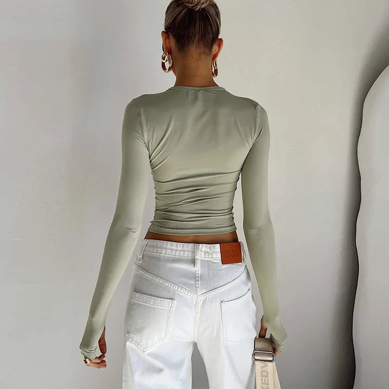 Mode femmes T-shirt à manches longues col rond solide coupe ajustée dames haut court avec trous pour les pouces pour le quotidien Streetwear été Camis