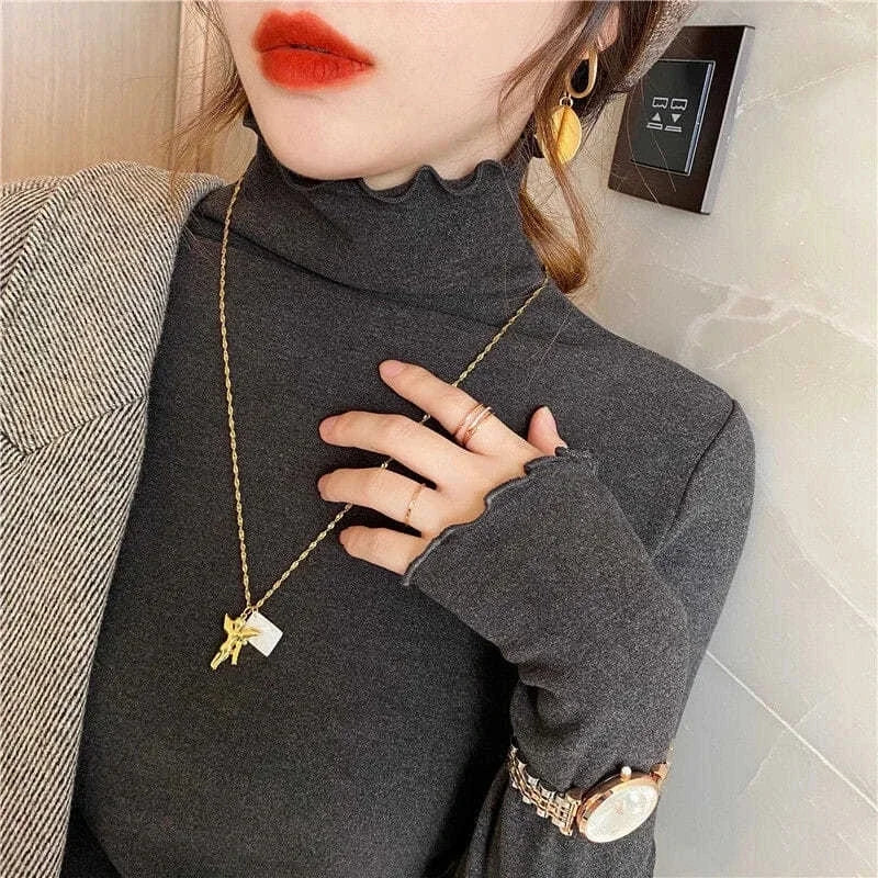 Femme t-shirts femme col roulé à manches longues T-Shirt automne hiver à volants Mujer Camisetas col mi-haut Plus hauts polaires