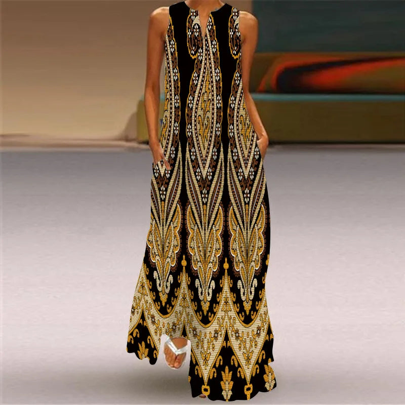 Robe maxi imprimée vintage pour femmes, robes d'été en fibre longue, col en V élégant, poche Boho, robe d'été de plage, robe éducative