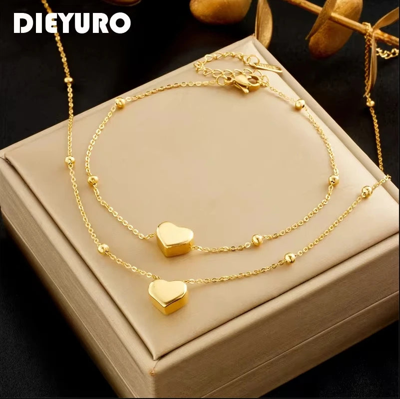 DIEYURO 316L acier inoxydable couleur or coeur amour chaîne collier Bracelets pour femme fille nouvelle mode ne se décolore pas ensemble de bijoux