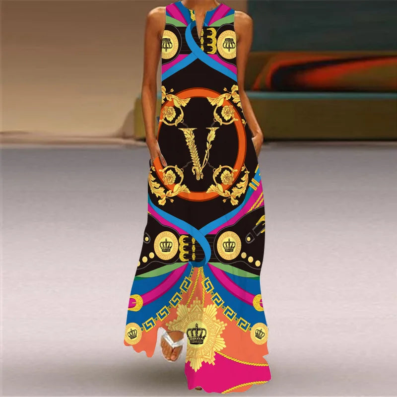 Robe maxi imprimée vintage pour femmes, robes d'été en fibre longue, col en V élégant, poche Boho, robe d'été de plage, robe éducative