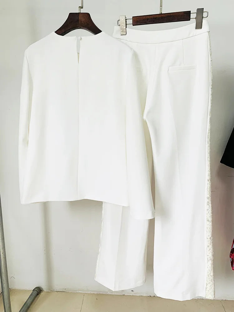 Ensemble de costume de créateur HIGH STREET, nouveauté 2026, pour femme, avec haut à manches évasées et pantalon, orné de dentelle et de patchwork brodé
