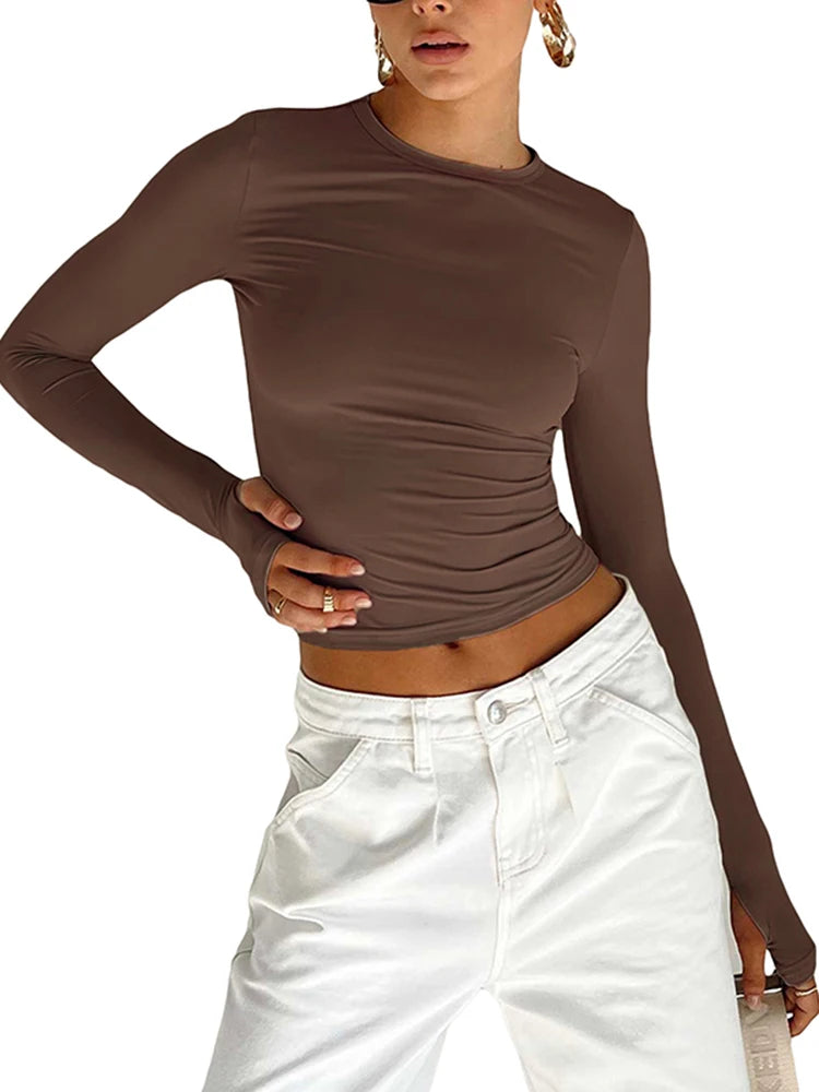 Mode femmes T-shirt à manches longues col rond solide coupe ajustée dames haut court avec trous pour les pouces pour le quotidien Streetwear été Camis