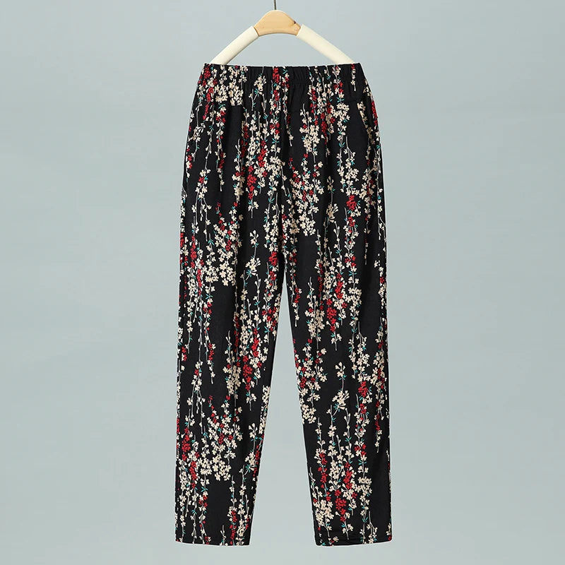 Pantalon d'été fin en soie glacée, coupe droite ample, taille haute, motif floral, pour maman et grand-mère, confortable et décontracté