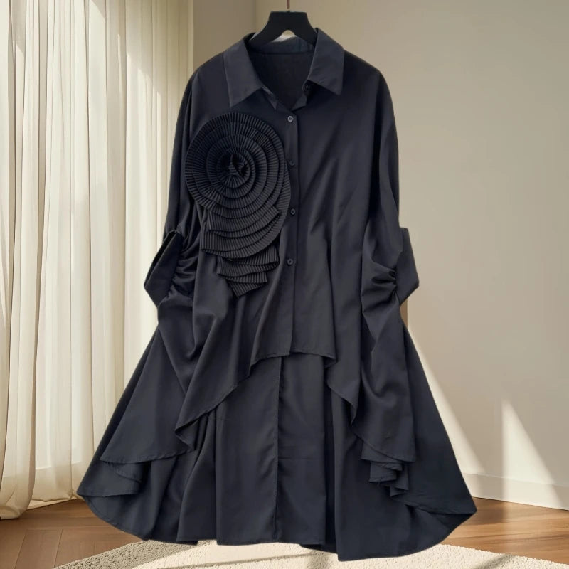 2025, nouveau, européen, vêtements, ample, chemisier, Chic, col rabattu, irrégulier, fleurs tridimensionnelles, femmes, manches chauve-souris, hauts, 41293