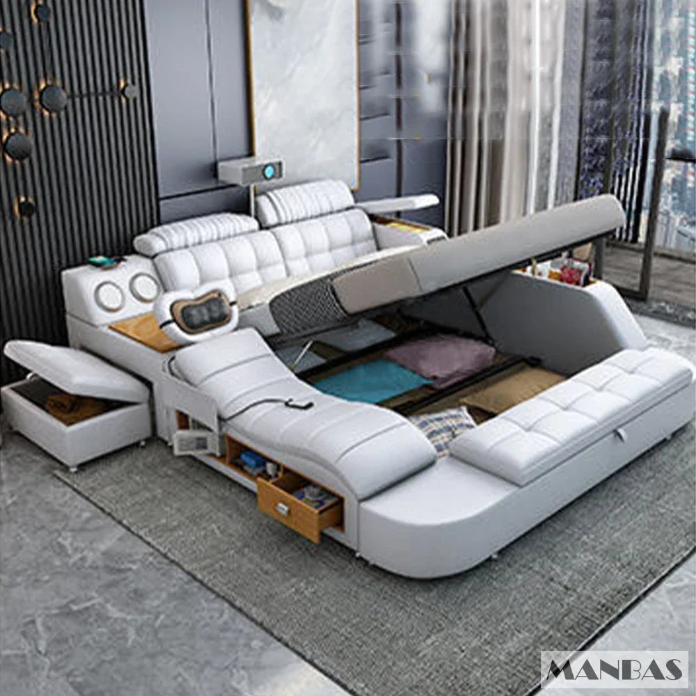 Lit Linlamlim Tech Smart en cuir véritable |   Lits ultimes multifonctionnels |   Lit Tatami de massage avec projecteur |   Cama rembourrée