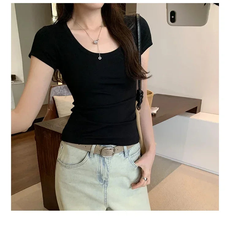 Femme 2026 été décontracté coton t-shirt pour femmes à manches courtes t-shirts mode femmes vêtements mince basique col rond Y2K t-shirt