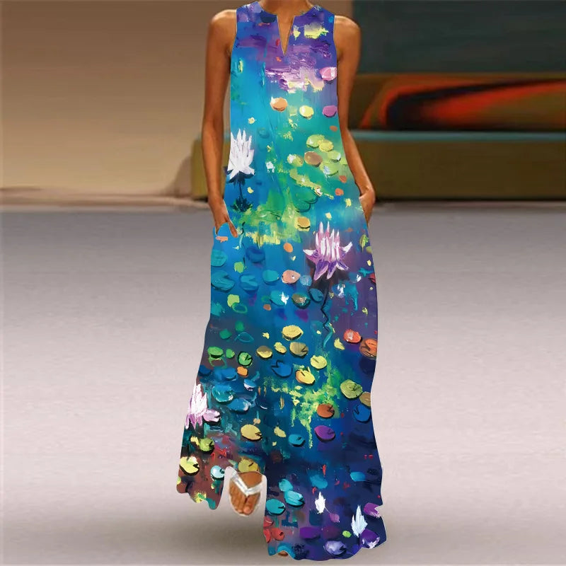 Robe maxi imprimée vintage pour femmes, robes d'été en fibre longue, col en V élégant, poche Boho, robe d'été de plage, robe éducative