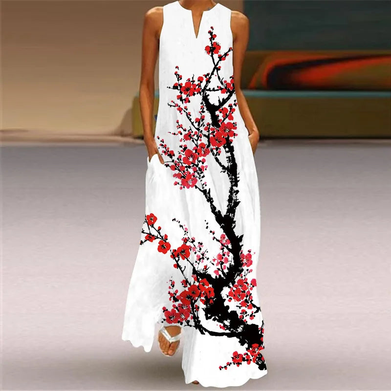 Robe maxi imprimée vintage pour femmes, robes d'été en fibre longue, col en V élégant, poche Boho, robe d'été de plage, robe éducative