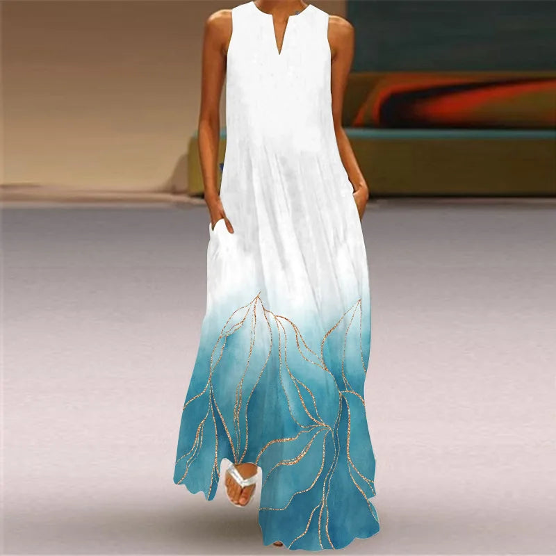 Robe maxi imprimée vintage pour femmes, robes d'été en fibre longue, col en V élégant, poche Boho, robe d'été de plage, robe éducative