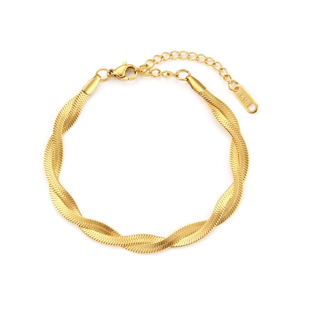 E.B.belle – ensemble de bracelets et colliers en chaîne à chevrons tressées imperméables plaqués or, vente en gros de bijoux en acier inoxydable pour femmes