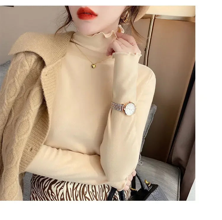 Femme t-shirts femme col roulé à manches longues T-Shirt automne hiver à volants Mujer Camisetas col mi-haut Plus hauts polaires