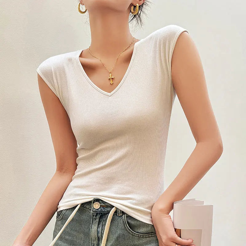 T-shirt pour femmes, col en v, épaules sur le devant, coupe cintrée et cache la poitrine secondaire, haut de tempérament basique, été 2025