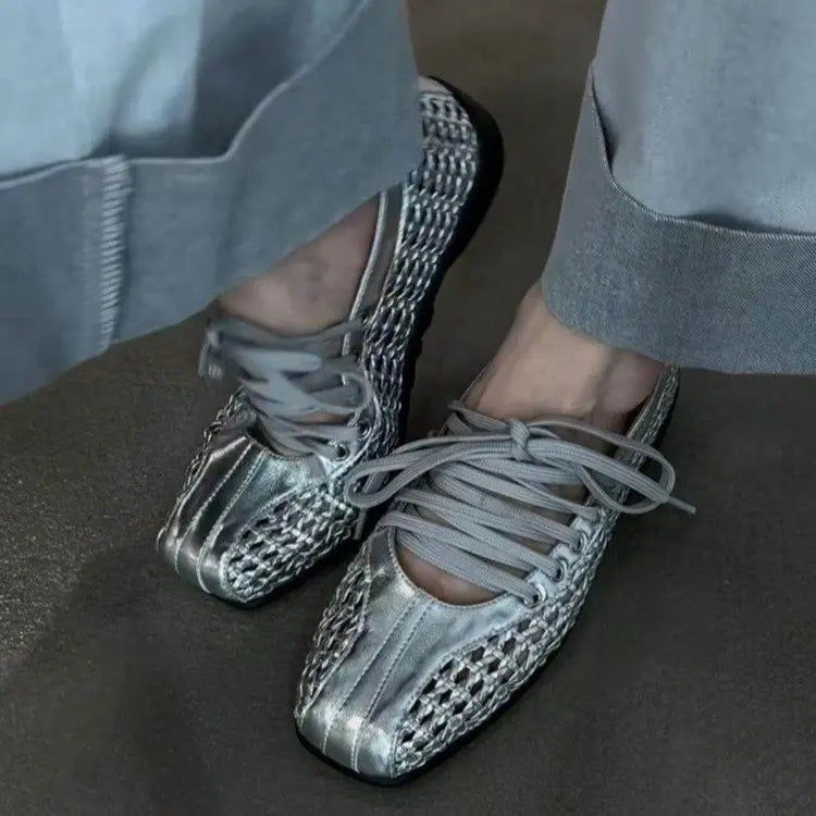 Chaussures de ballet plates pour femmes, chaussures décontractées de créateur, chaussures de sport à bout carré en maille, baskets tendance à lacets, confortables pour femme
