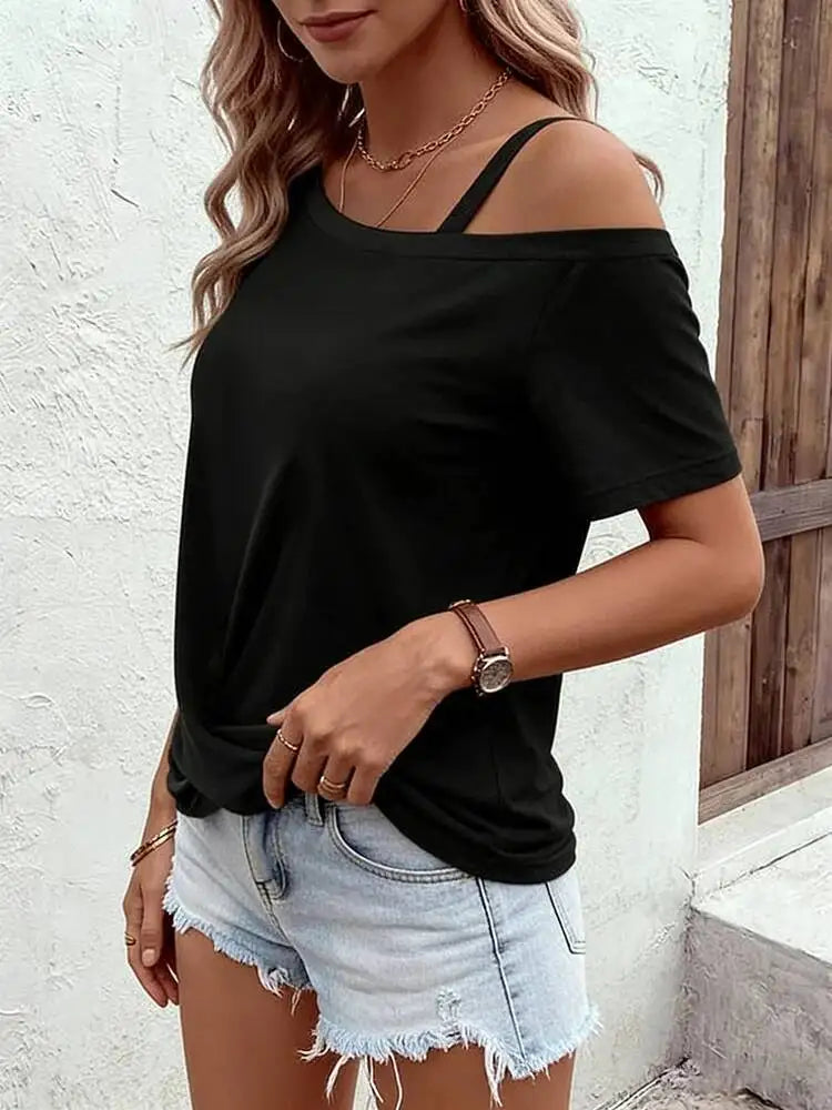 T-shirt femme noir printemps-été à une épaule, manches courtes, ourlet torsadé, coupe ample, élégant et stylé, pour le quotidien et la mode décontractée