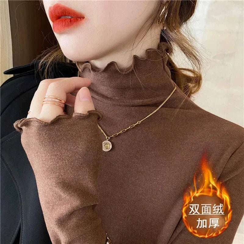 Femme t-shirts femme col roulé à manches longues T-Shirt automne hiver à volants Mujer Camisetas col mi-haut Plus hauts polaires