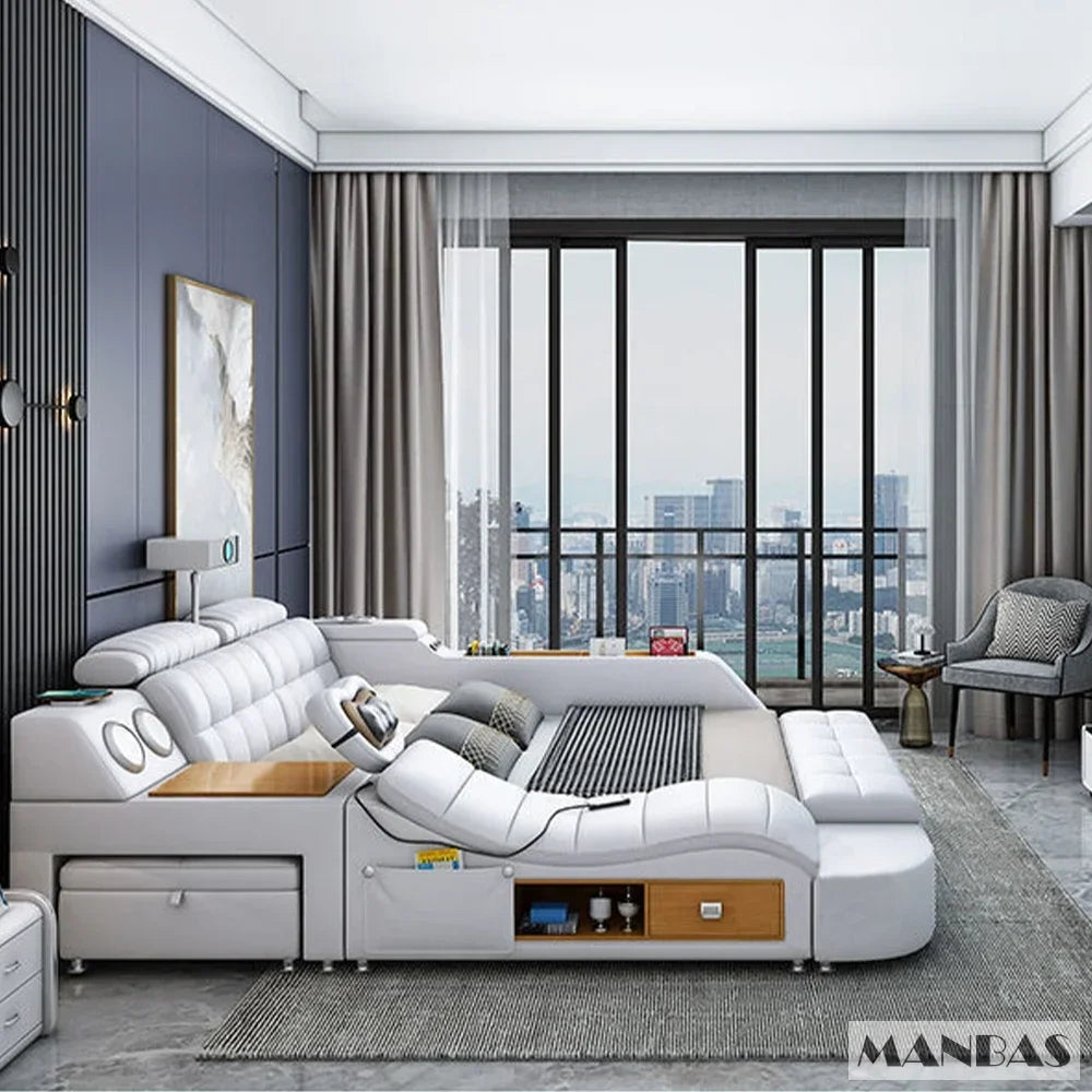 Lit Linlamlim Tech Smart en cuir véritable |   Lits ultimes multifonctionnels |   Lit Tatami de massage avec projecteur |   Cama rembourrée