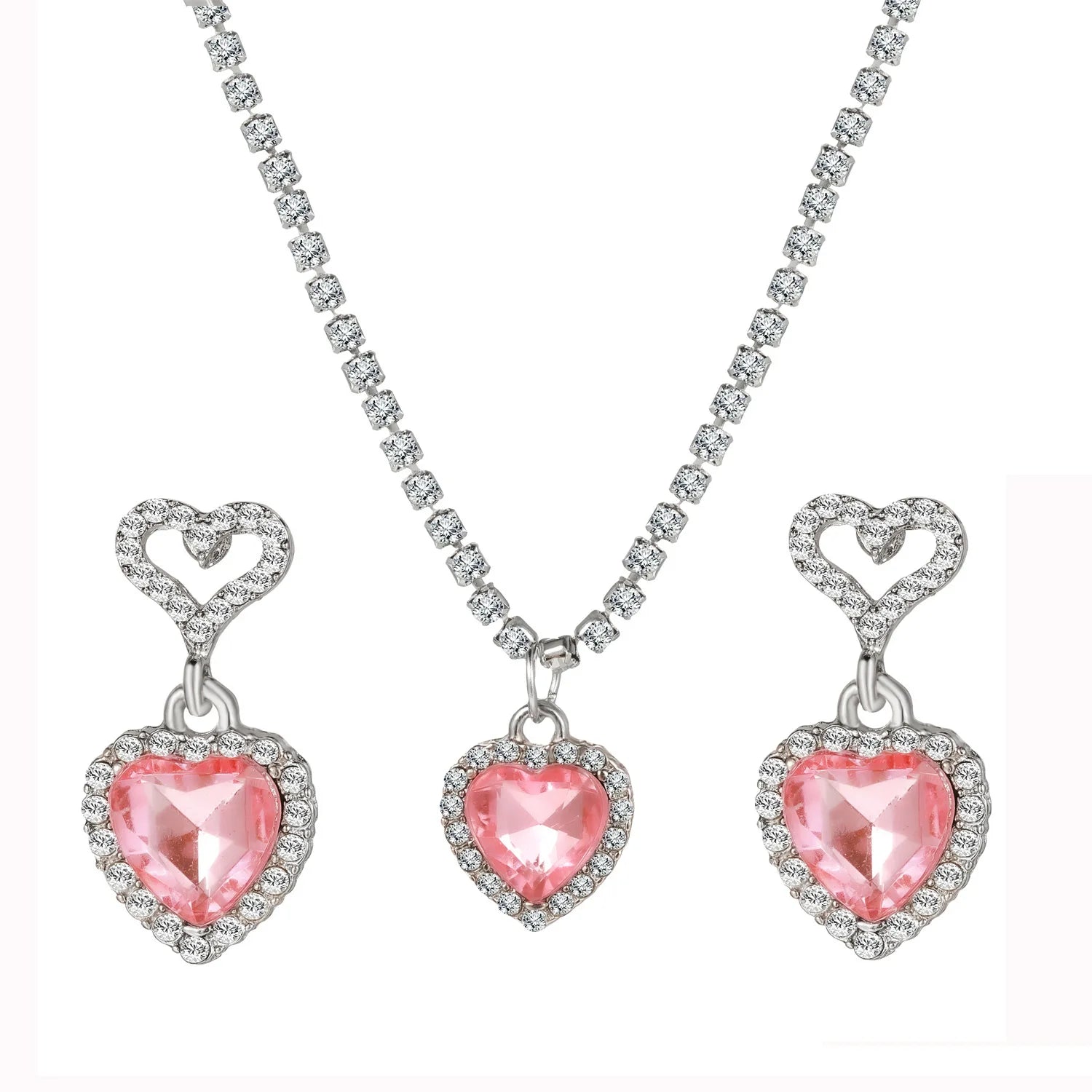 Ensemble de colliers et boucles d'oreilles pour femmes, pendentif en cristal rose en Zircon en forme de cœur, bijoux pour femmes, cadeaux exquis, nouvelle mode