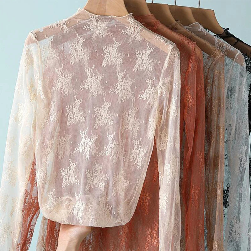T-Shirts en maille pour femmes, chemisier en dentelle transparente, manches longues, hauts transparents pour femmes, chemise à bascule, T-Shirts transparents, haut court