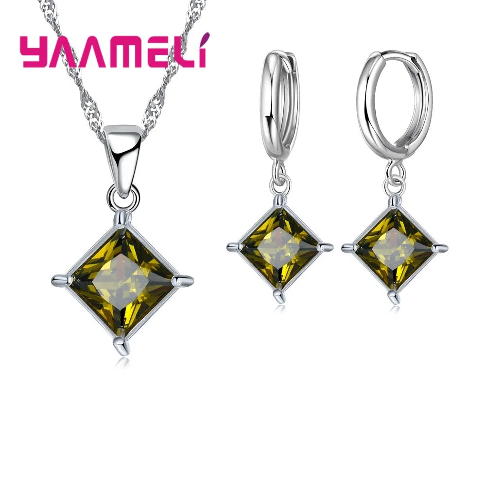 Nouvelle grande Promotion 925 en argent Sterling brillant carré Zircons pendentif collier et boucles d'oreilles ensembles de bijoux pour la vente en gros