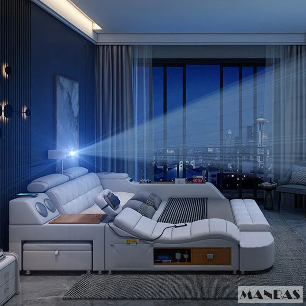 Lit Linlamlim Tech Smart en cuir véritable |   Lits ultimes multifonctionnels |   Lit Tatami de massage avec projecteur |   Cama rembourrée