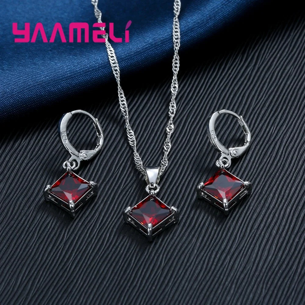 Nouvelle grande Promotion 925 en argent Sterling brillant carré Zircons pendentif collier et boucles d'oreilles ensembles de bijoux pour la vente en gros