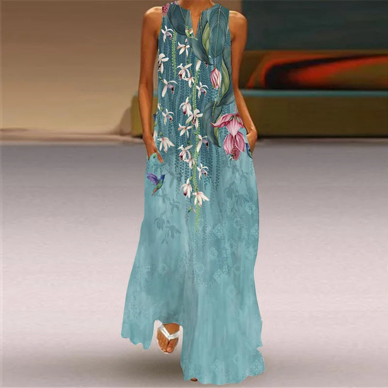 Robe maxi imprimée vintage pour femmes, robes d'été en fibre longue, col en V élégant, poche Boho, robe d'été de plage, robe éducative
