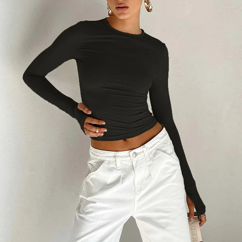 Mode femmes T-shirt à manches longues col rond solide coupe ajustée dames haut court avec trous pour les pouces pour le quotidien Streetwear été Camis