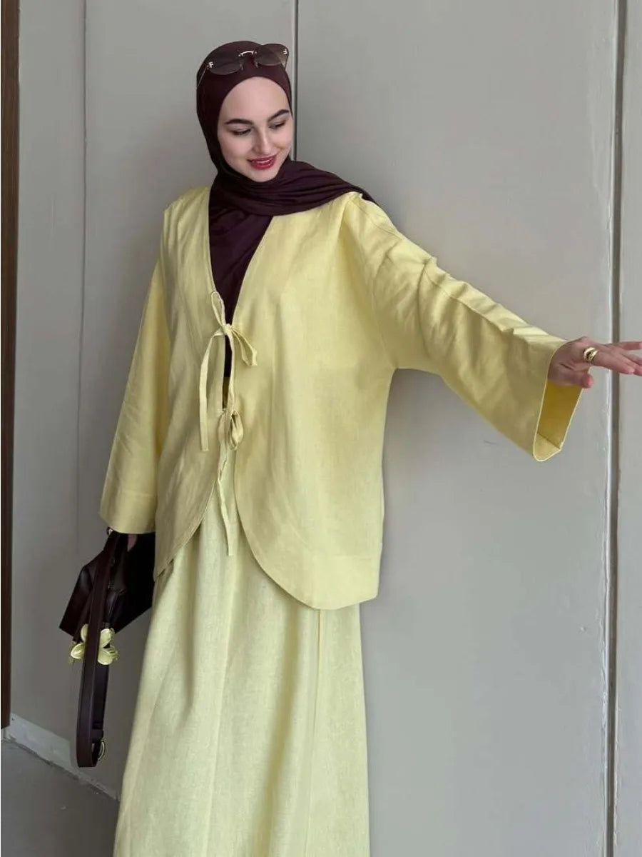 Ensemble deux pièces musulman pour femmes, chemise à lacets, jupe, costumes Ramadan marocain, dubaï, jupes longues, tenues islamiques, Jalabiya Musulman