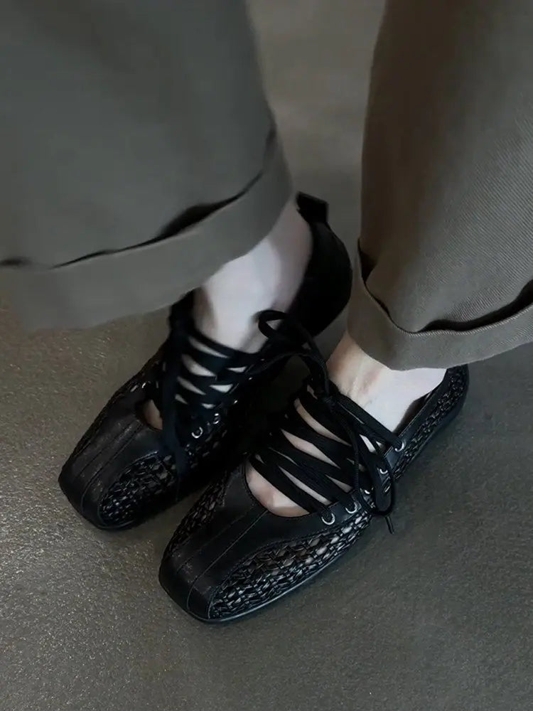 Chaussures de ballet plates pour femmes, chaussures décontractées de créateur, chaussures de sport à bout carré en maille, baskets tendance à lacets, confortables pour femme