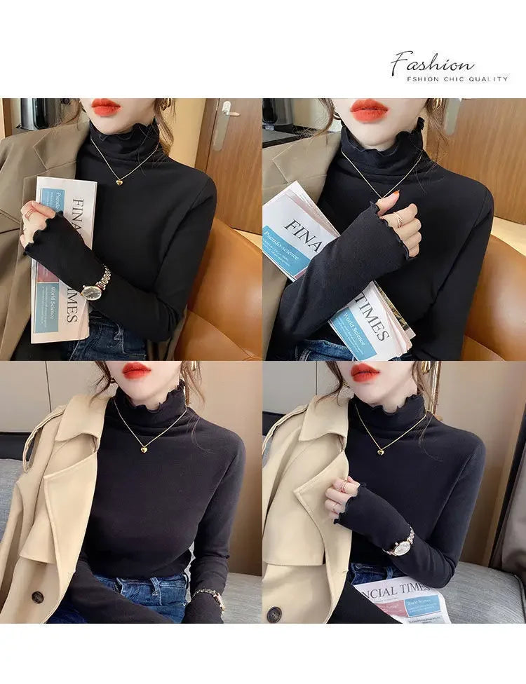 Femme t-shirts femme col roulé à manches longues T-Shirt automne hiver à volants Mujer Camisetas col mi-haut Plus hauts polaires