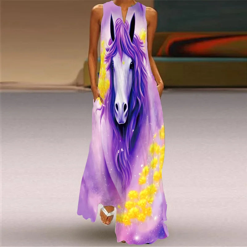 Robe maxi imprimée vintage pour femmes, robes d'été en fibre longue, col en V élégant, poche Boho, robe d'été de plage, robe éducative