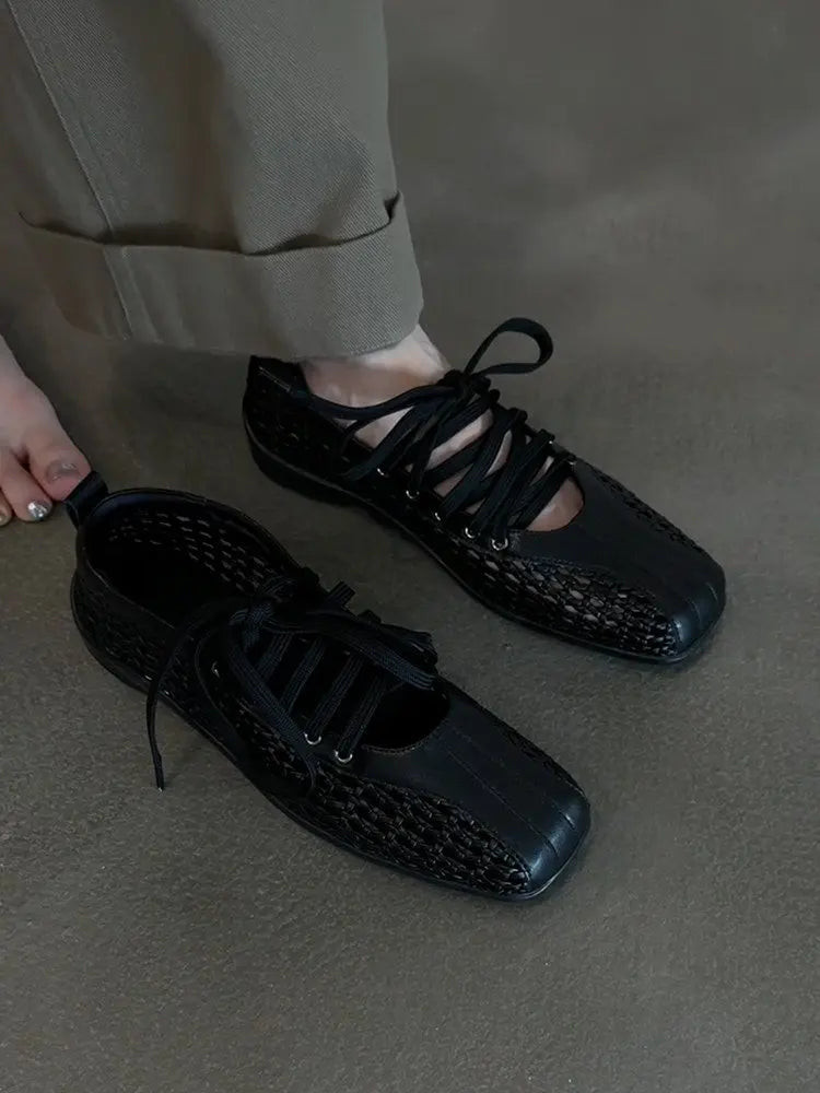 Chaussures de ballet plates pour femmes, chaussures décontractées de créateur, chaussures de sport à bout carré en maille, baskets tendance à lacets, confortables pour femme