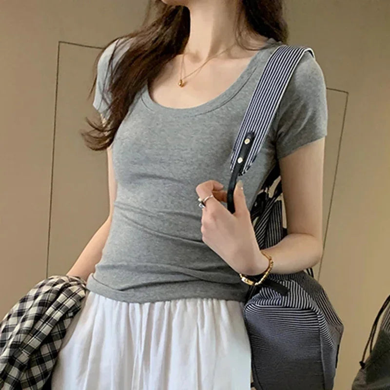 Femme 2026 été décontracté coton t-shirt pour femmes à manches courtes t-shirts mode femmes vêtements mince basique col rond Y2K t-shirt