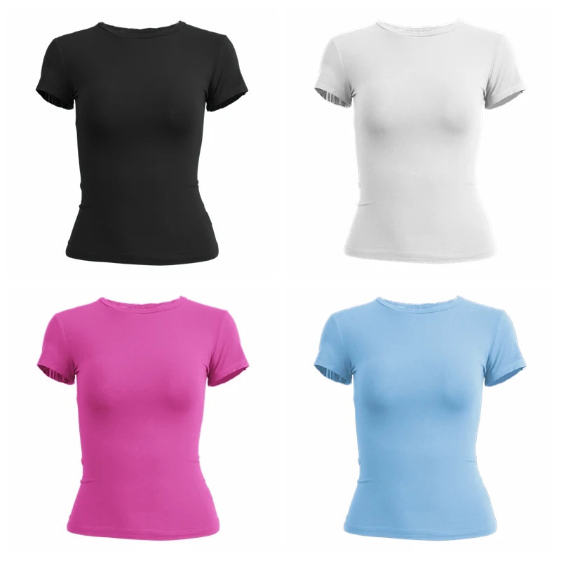 Femme vêtements à manches courtes T-shirt coupe ajustée hauts femme col rond tricoté gaine T-shirt vêtements de rue sexe sportif 2024 Y2K New2410