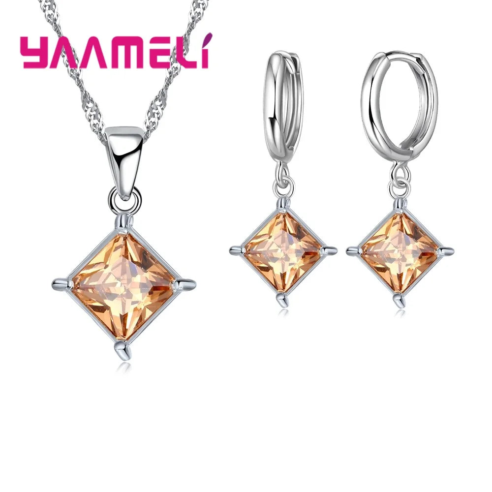 Nouvelle grande Promotion 925 en argent Sterling brillant carré Zircons pendentif collier et boucles d'oreilles ensembles de bijoux pour la vente en gros